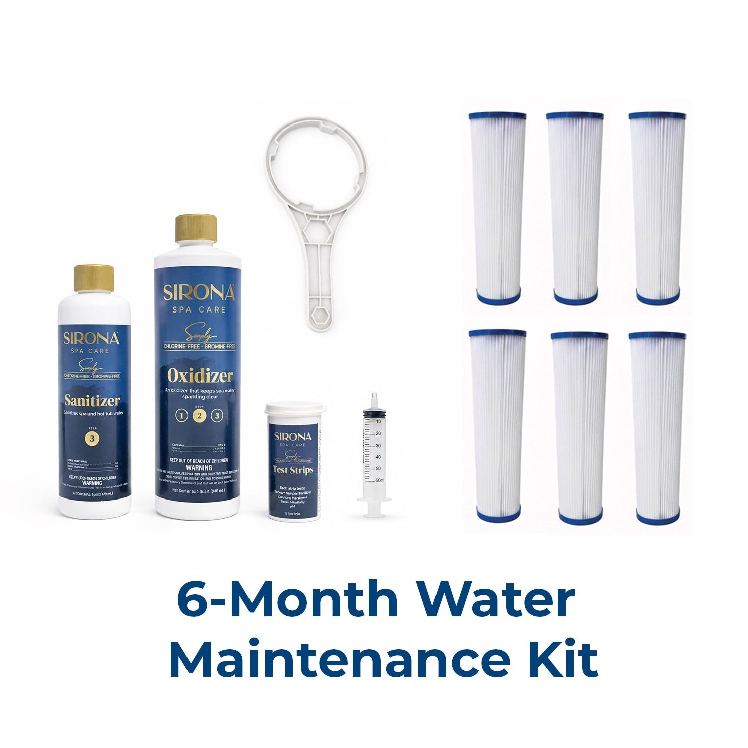 6 Month Water Maintenance Kit includes: 6 15-Micron Filters, Sirona Kit and Filter Wrench.