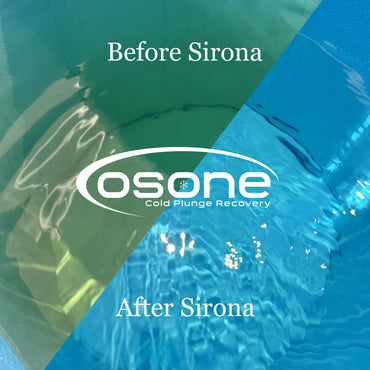 Before and after comparison graphic for Sirona cold plunge pool recovery, showing a green-tinted murky pool labeled 'Before Sirona' on the left and a clear blue pool labeled 'After Sirona' on the right, with the Osone logo in the center.