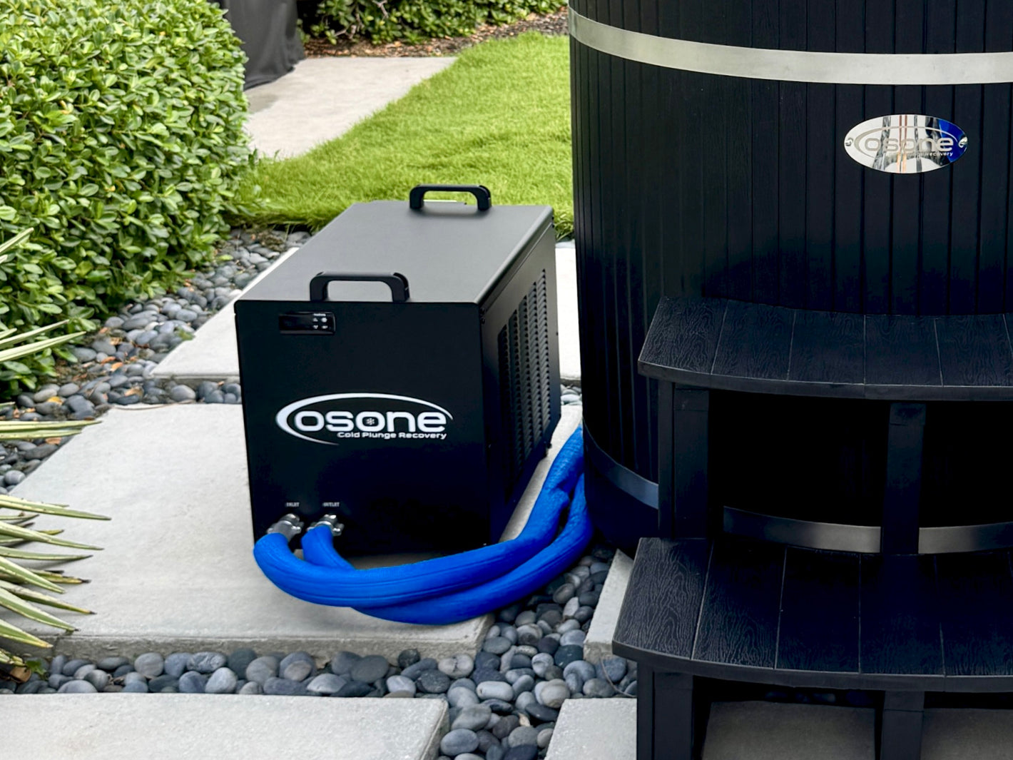 Cold Plunge Chiller hooked up to Cold Plunge Barrel