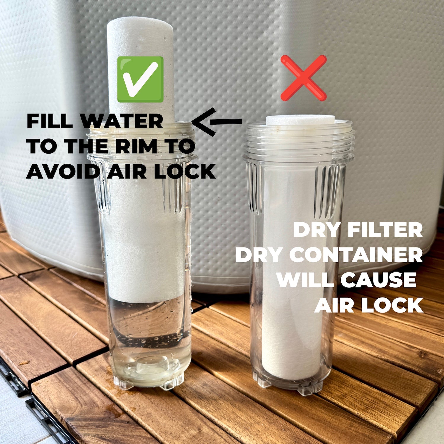 Fill water to the rim to avoid air lock