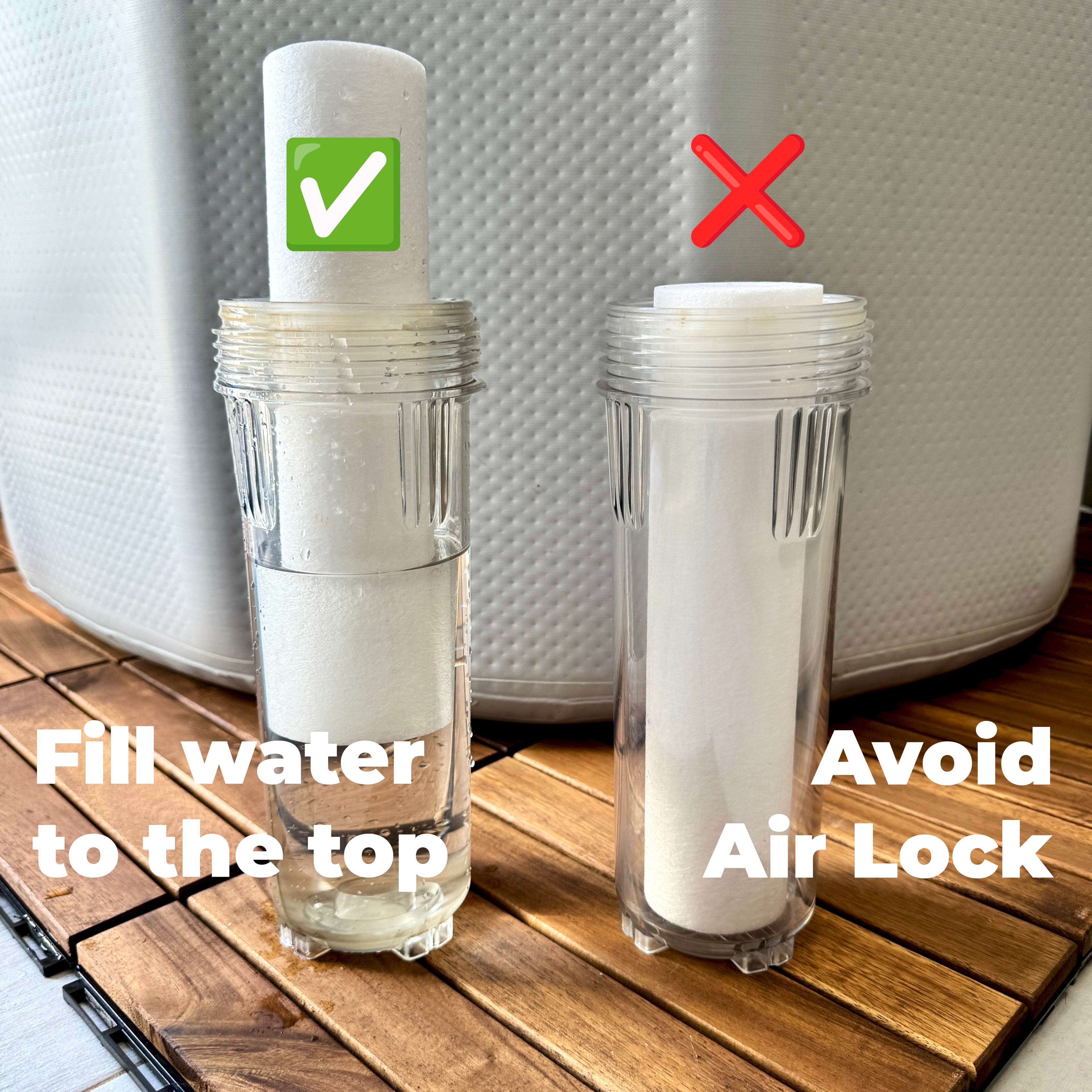 How to replace filter. Fill water to the top to avoid air lock.