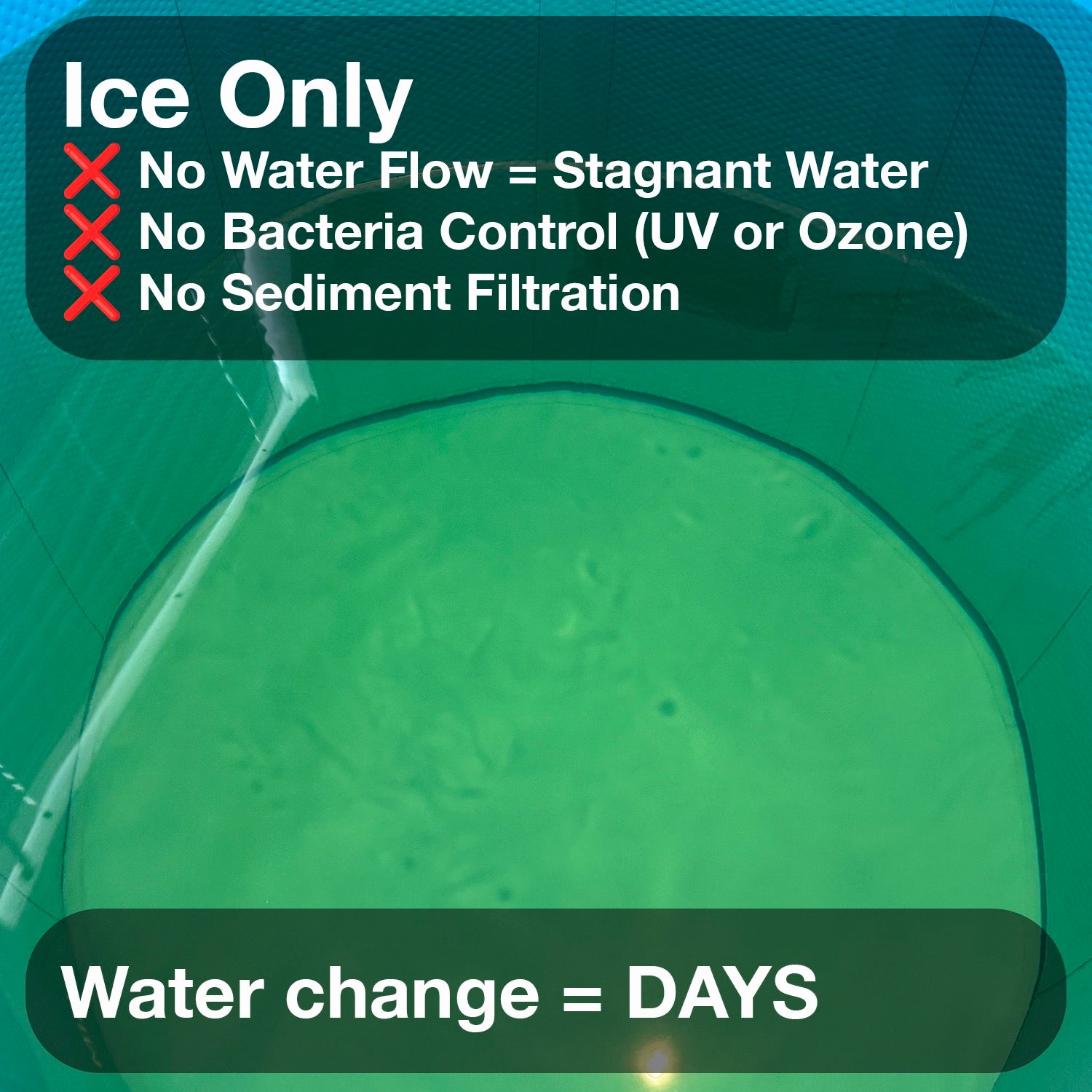 Ice = water changes every few days